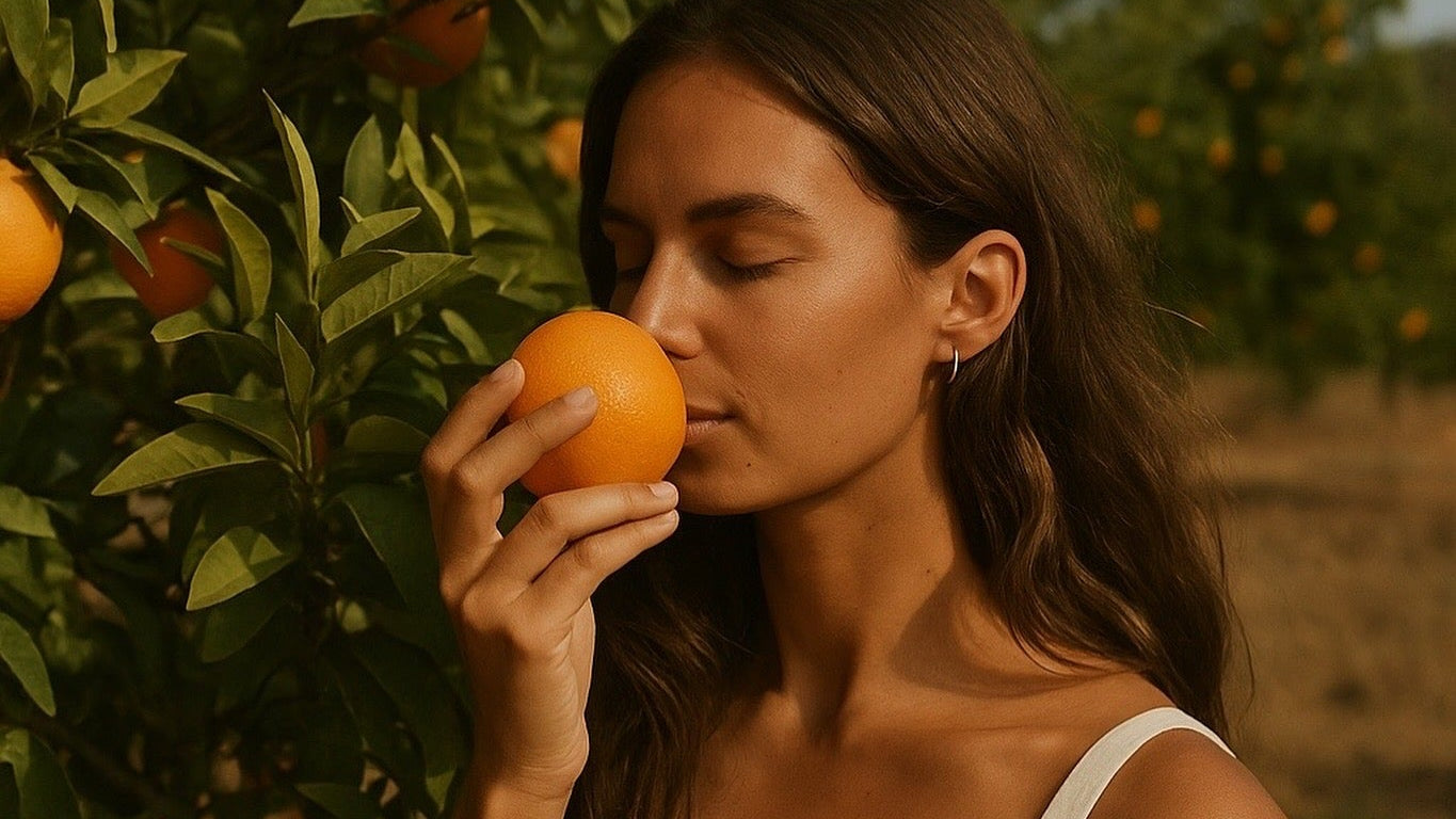 mujer en el campo oliendo una naranja